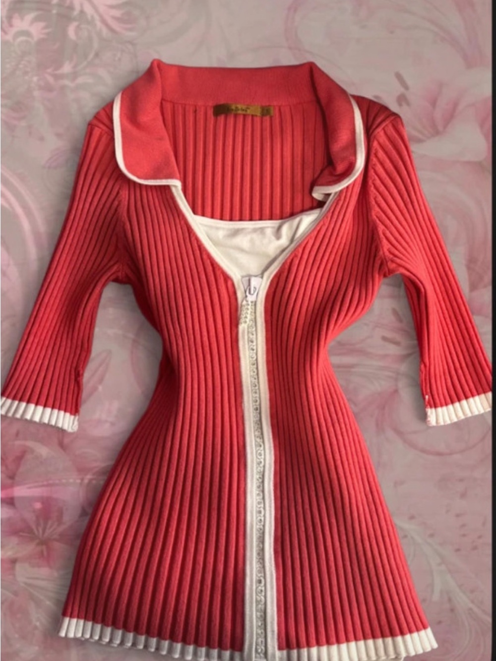 Coral Ribbed Zip-Front Women’s Sweater
